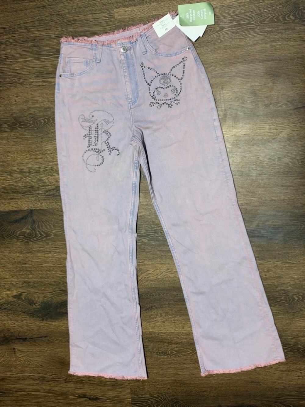 H&M Kuromi Sanrio Jeans Baggy Low Waist Bootcut Leg Girls Size 18 Pink NWT